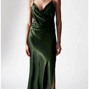 New ZARA Forest Green Satin Draped Camisole Slip Dress Size XS